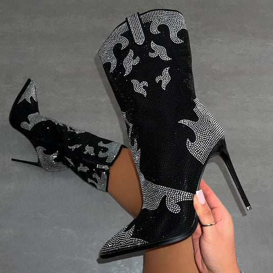Two-Tone Rhinestone Pointed Toe Stiletto Heel Western Mid Calf Boots