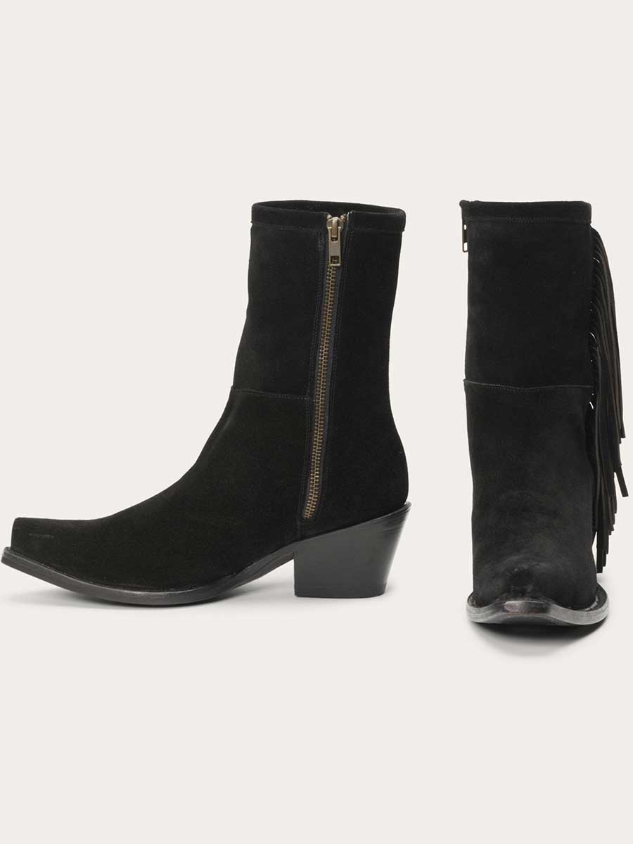 Black Faux Suede Snip Toe Angle Fringe Side-Zipper Cowgirl Ankle Boots With Chunky Heels