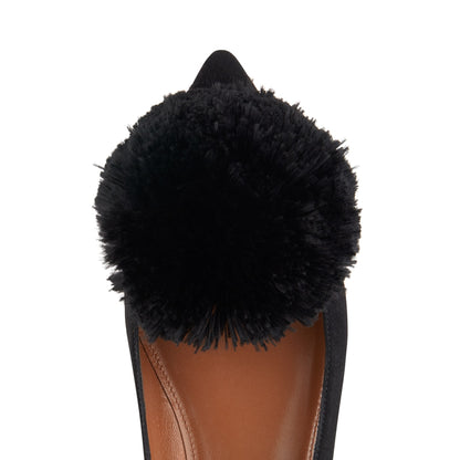 Black Cute Pom Pom Shoes Vegan Suede Pointy Toe Casual Flats