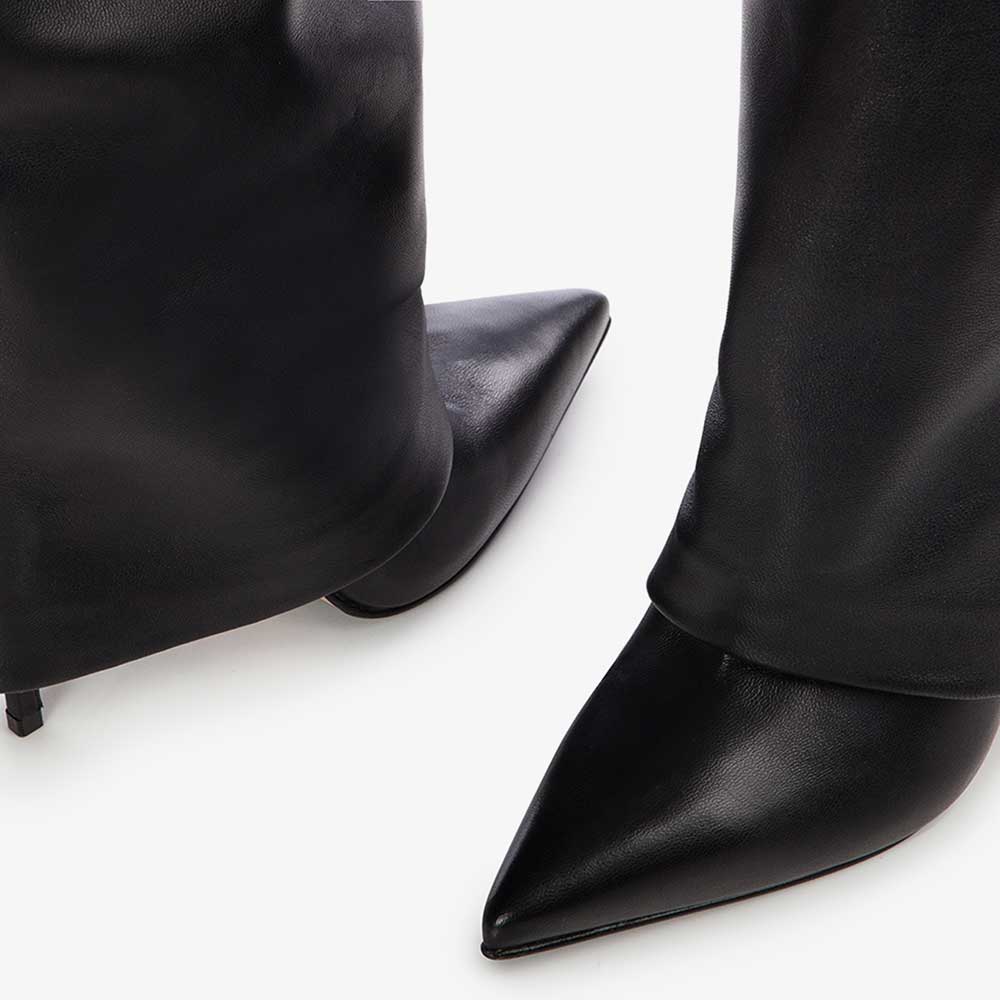 Black Pointed Toe Stiletto Heel Fold Over Wide Calf Knee High Boots