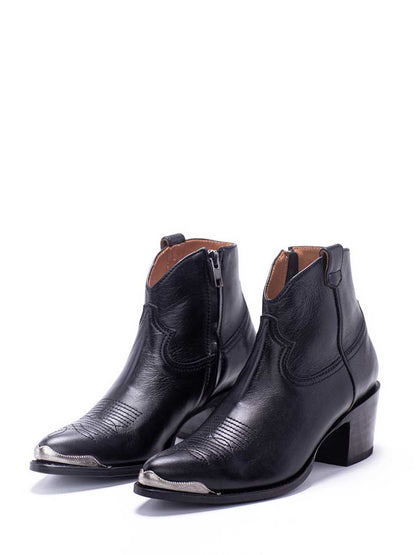 Black Vegan Leather Pointed Toe Side-Zipped Block Heeled Cowgirl Ankle Boots