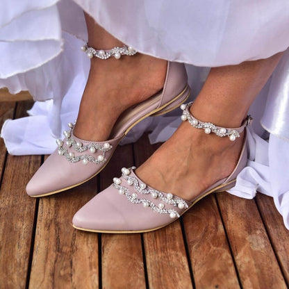 Light Pink Pointed Toe Pearl and Rhinestone Ankle Strap Flats