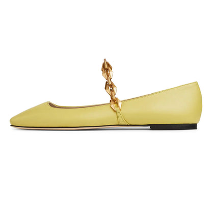 Yellow Vegan Leather Square Toe Ballet Flats with Metal Chain Design