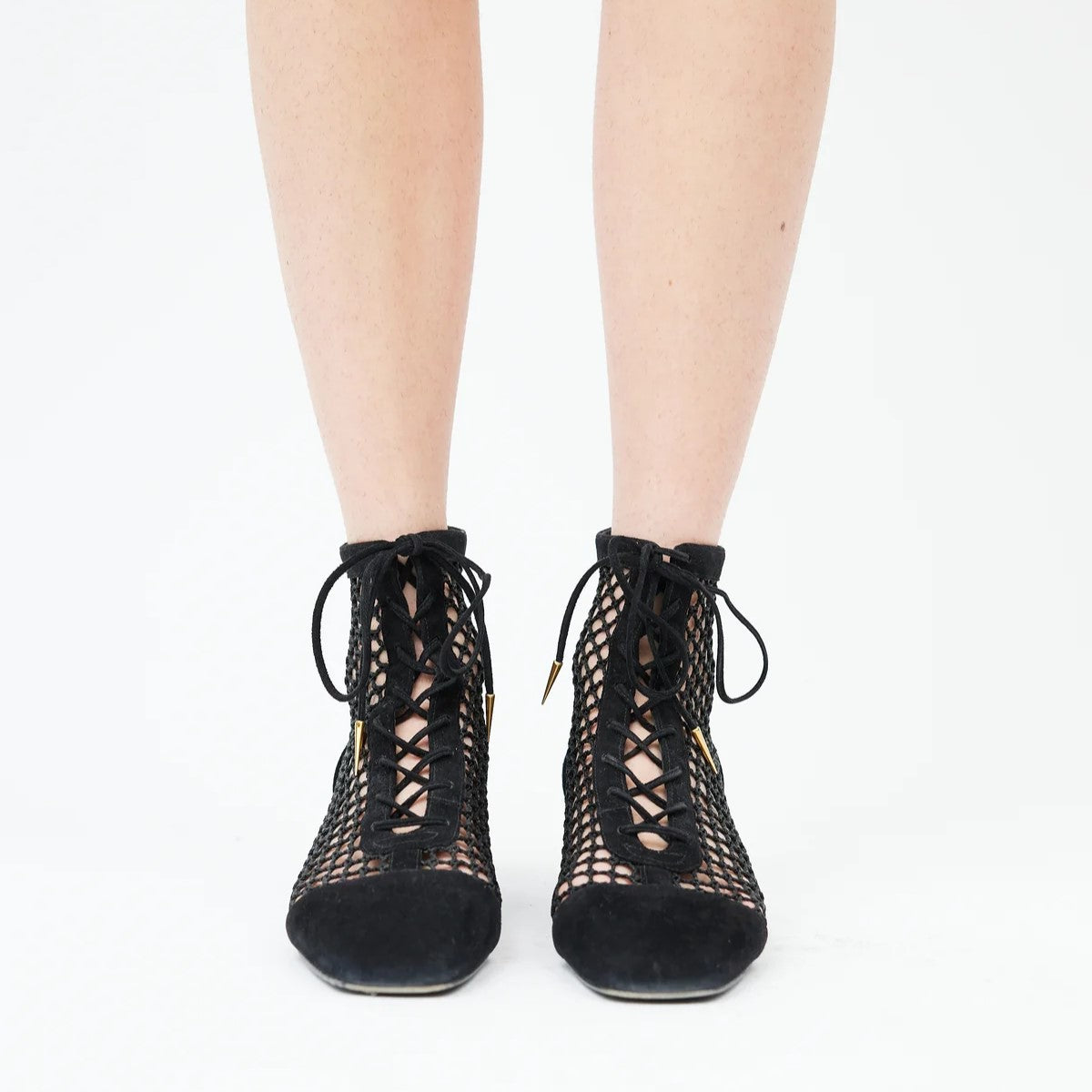 Black Nets Lace Up Summer Booties Block Heel Ankle Boots
