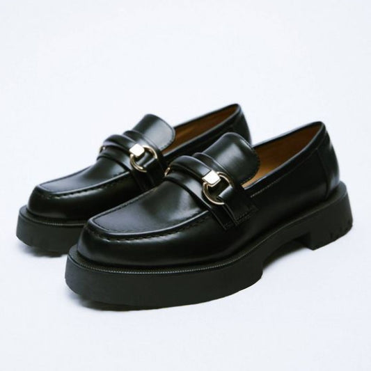 Black Patent Leather Loafers With Platform Lug Sole Women Flats