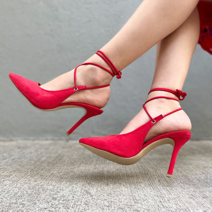 Women's Red Pointed Toe Wrapped Strappy Office Pumps Heels