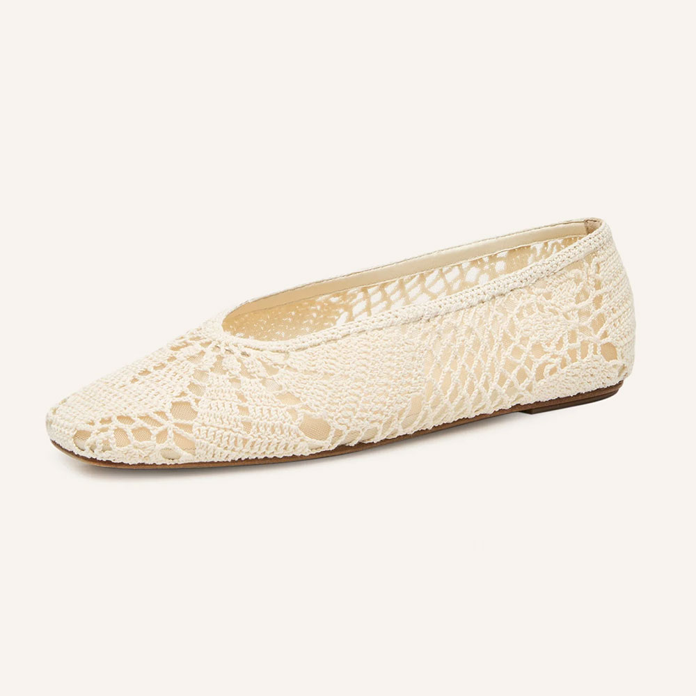Women's Casual Ivory Crochet Square Toe Cut Out Ballet Flats