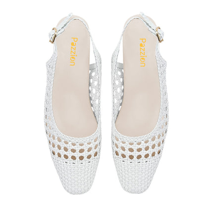 White Woven Cut Out Square Toe Block Heel Buckled Slingback Shoes