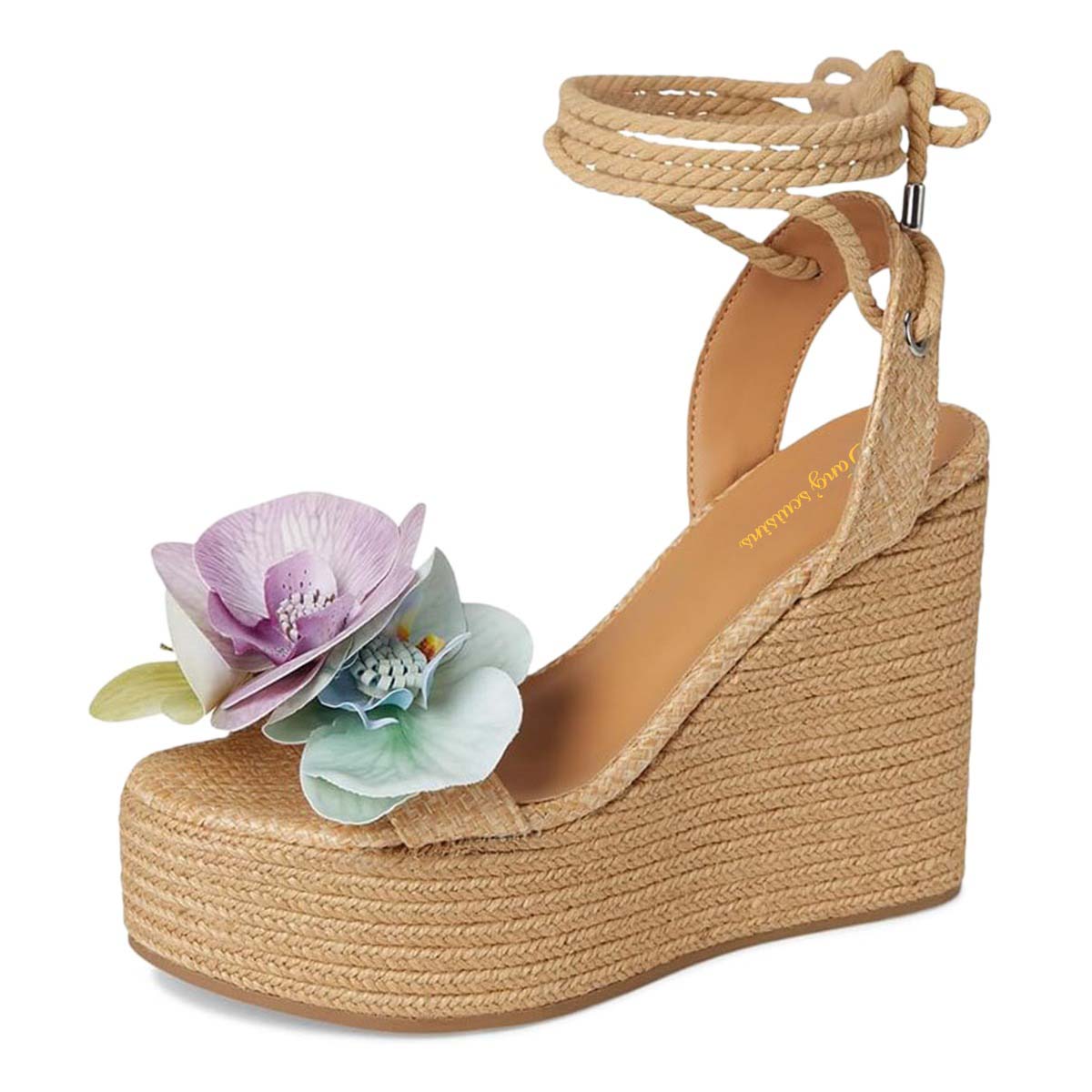 Khaki Woven Open Toe Floral Embellished Platform Heel Sandals