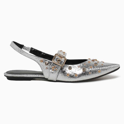 Pointed Toe Studded Buckled Strap Flats Slingback Shoes in Silver