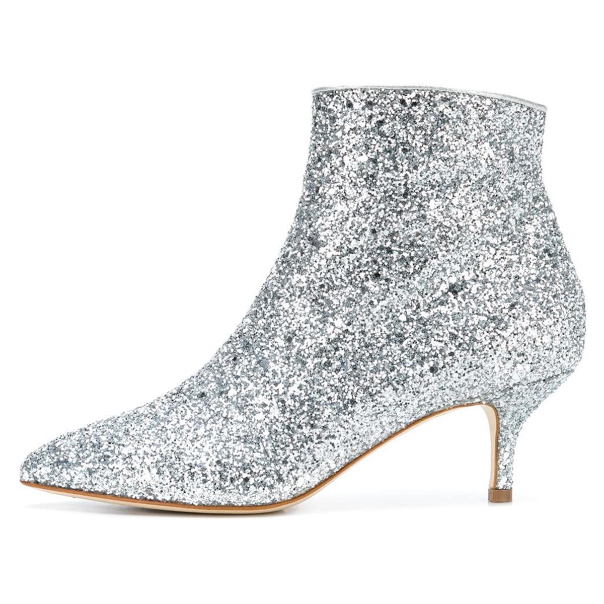 Women's Sparkly Pointed Toe Kitten Heel Glitter Ankle Boots in Silver