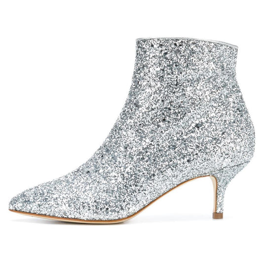 Women's Sparkly Pointed Toe Kitten Heel Glitter Ankle Boots in Silver