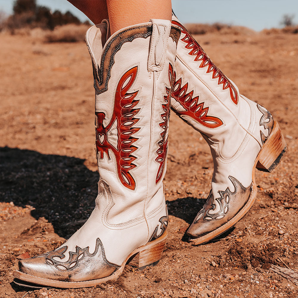 White & Brown Patchwork Snip Toe Chunky Heel Western Knee High Boots