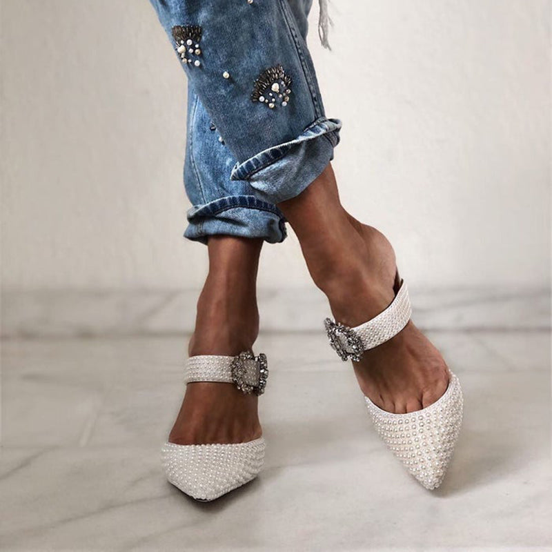 White Pearl Pointed Toe Mule Heels with Rhinestone Buckle