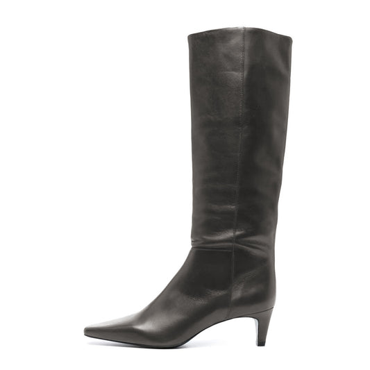 Black Vegan Leather Kitten Heel Knee High Boots with Square Toe