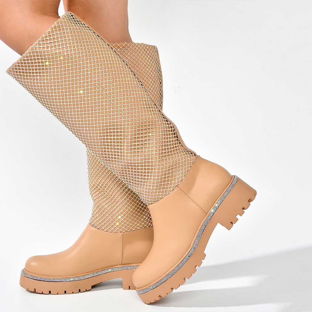 FSJ Nude Round Toe Rhinestone Mesh Chunky Heel Knee High Boots