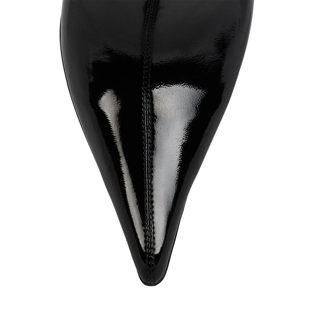 Black Patent Leather Stiletto Heel Pull-On Mid Calf Boots for Women