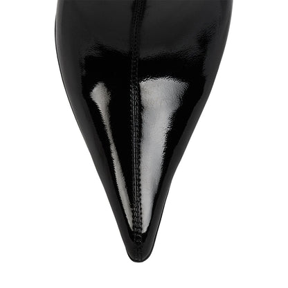 Black Patent Leather Stiletto Heel Pull-On Mid Calf Boots for Women
