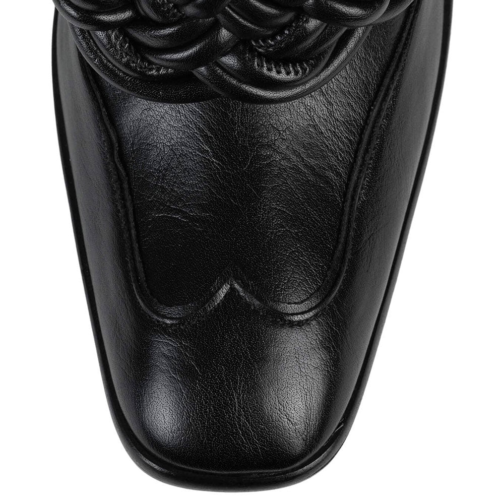 Black Square Toe Chunky Heel Rope Knot Knee High Boots