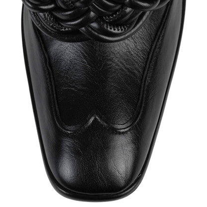 Black Square Toe Chunky Heel Rope Knot Knee High Boots