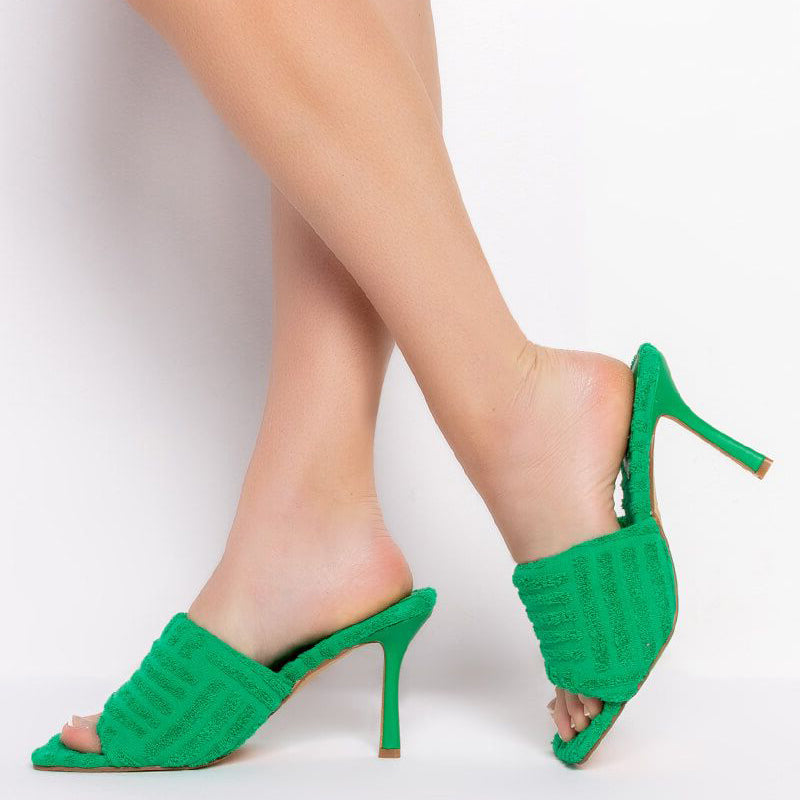 Women's Green Square Toe Mules Sandals with Stiletto Heels