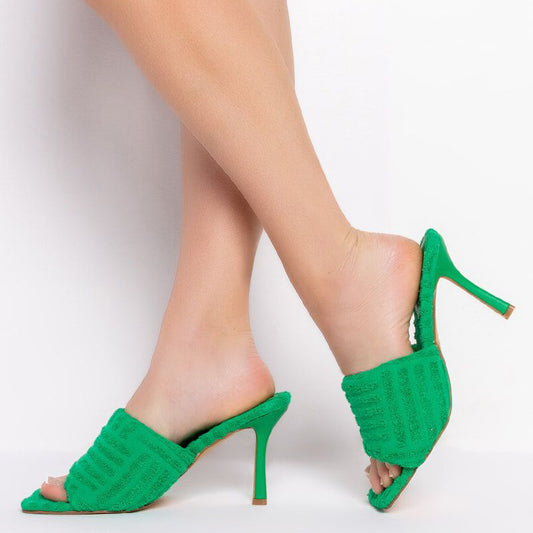 Women's Green Square Toe Mules Sandals with Stiletto Heels