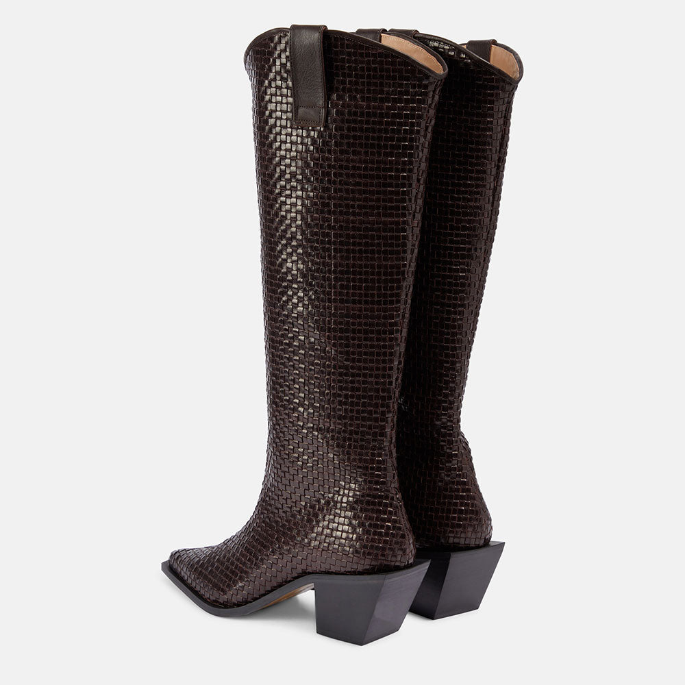 Brown Woven Pointed Toe Block Heel Knee High Boots for Women