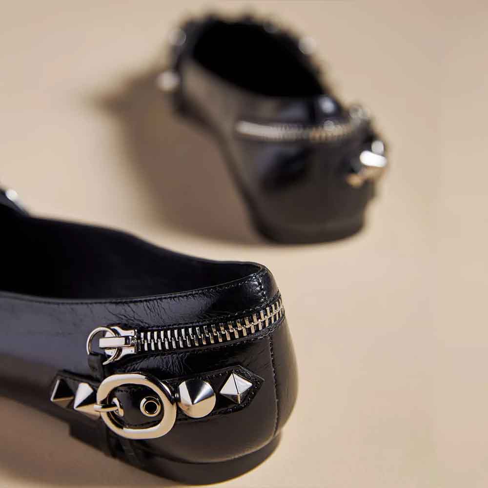 Women's Black Closed Toe Studded Flats with Buckle