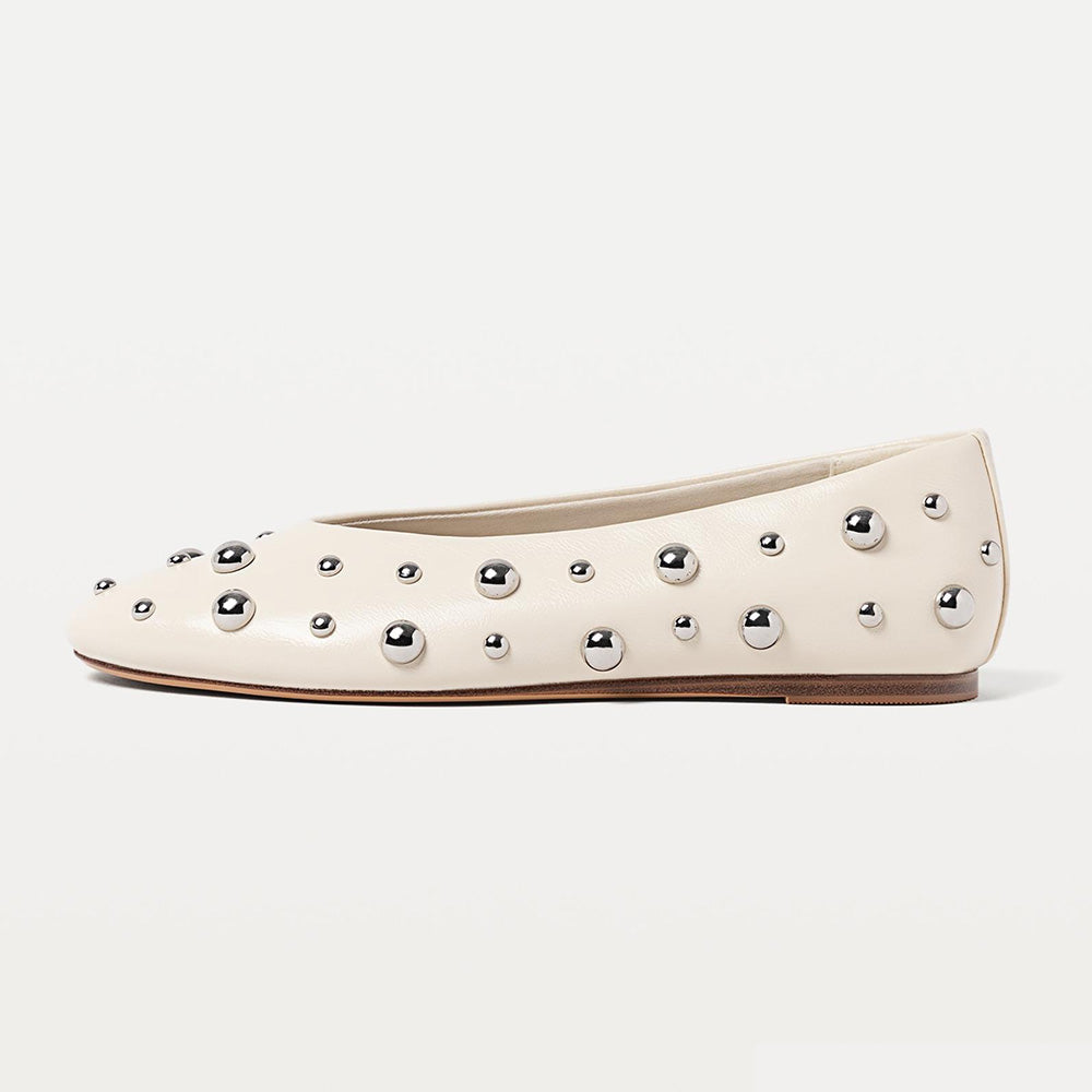 Women's Fashion Ivory Round Toe Stud Embellished Ballet Flats