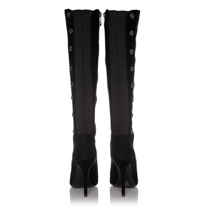 Black Vegan Suede Metal Button Knee High Boots