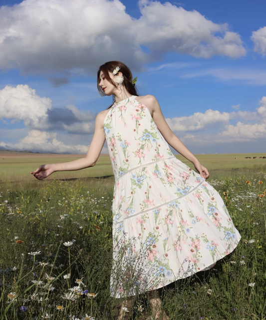 Simple Fashion Flora Design Beach Holiday A-line Halter Dress TP3366