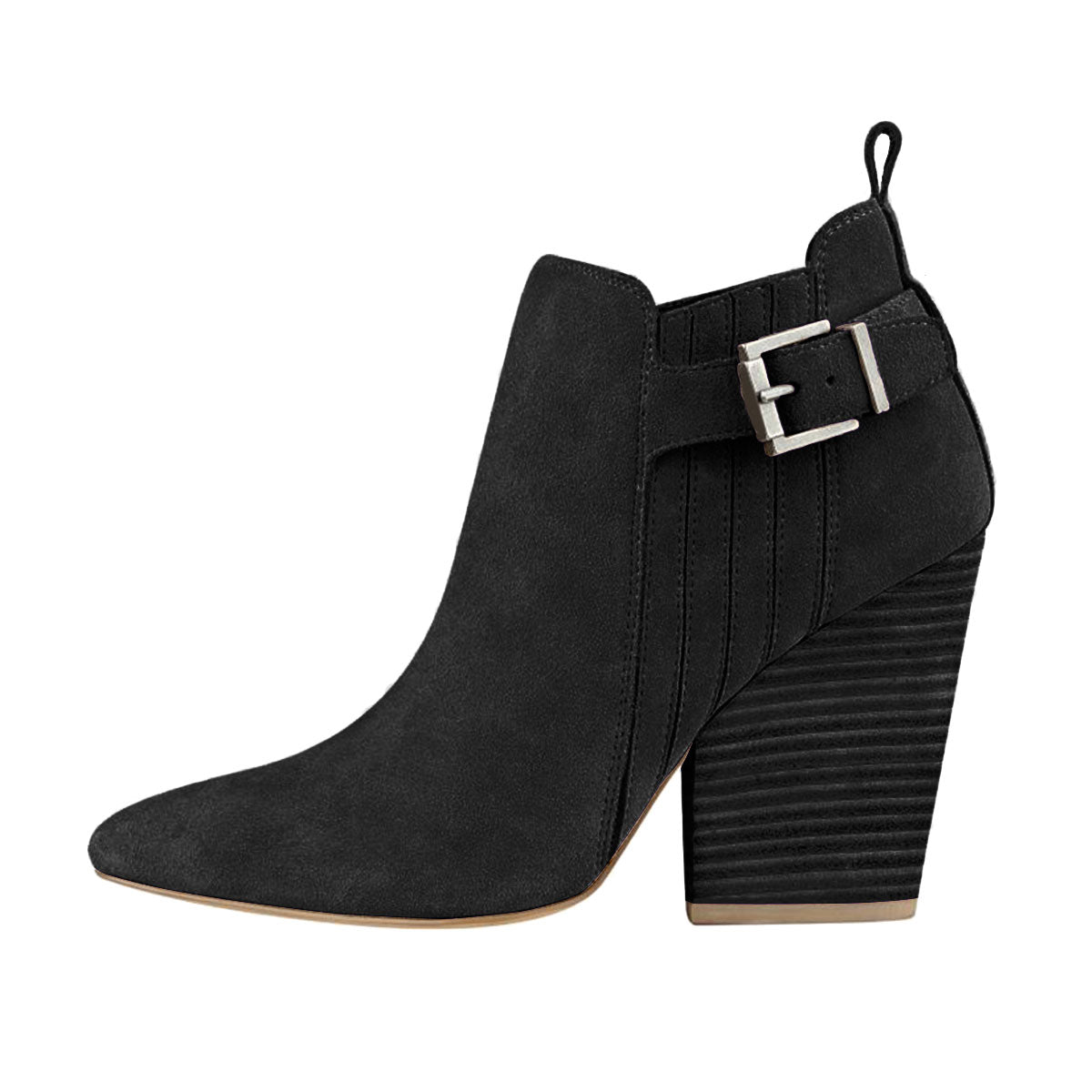 Women's Vegan Suede Almond Toe Chunky Heel Ankle Boots in Black