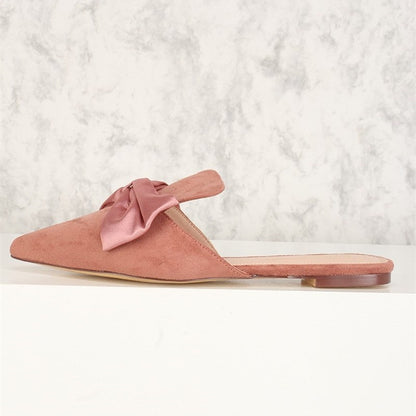 Pink Vegan Suede Flats Satin Bow Mule Loafers for Women