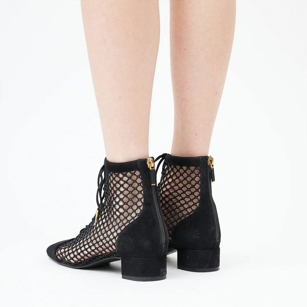 Black Nets Lace Up Summer Booties Block Heel Ankle Boots