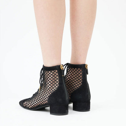 Black Nets Lace Up Summer Booties Block Heel Ankle Boots