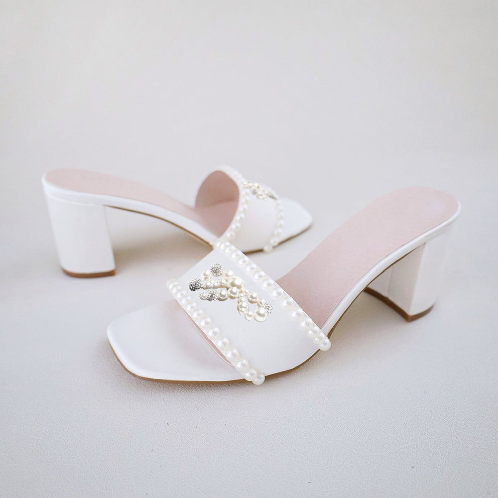 White Satin Square Toe Chunky Heel Pearl Mules