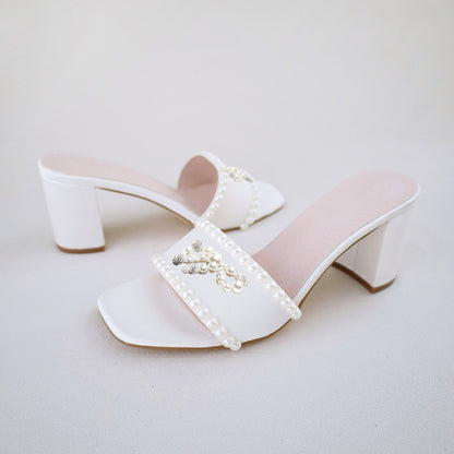 White Satin Square Toe Chunky Heel Pearl Mules