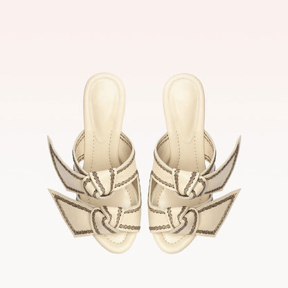 Beige Open Toe Stitching Chunky Heel Platform Mules with Double Bow