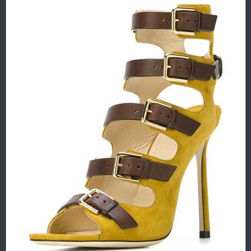 Yellow Vegan Suede Open Toe Buckle Multi Strap Heeled Sandals