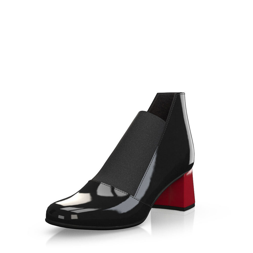 Women's Black Patent Leather Low Top Ankle Boots with Block Heels