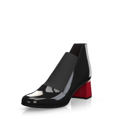 Women's Black Patent Leather Low Top Ankle Boots with Block Heels