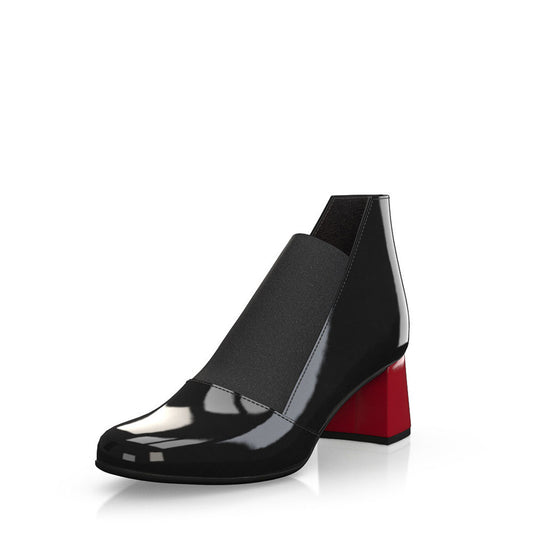 Women's Black Patent Leather Low Top Ankle Boots with Block Heels