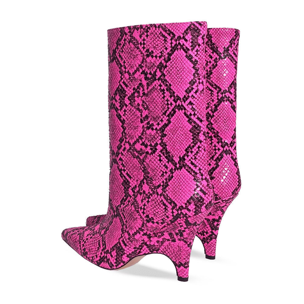 Fuchsia Snakeskin Print Pointy Toe Wedge Heel Tubular Mid Calf Boots
