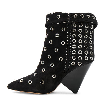 Black Grommets Embellished Pointed Toe Cone Heel Fold-over Ankle Boots