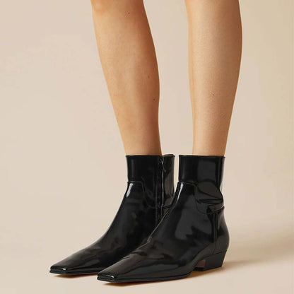 Black Patent Leather Square Toe Zipper Ankle Boots with Chunky Heel