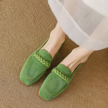 Green Vegan Suede Square Toe Chunky Heel Chain Loafers