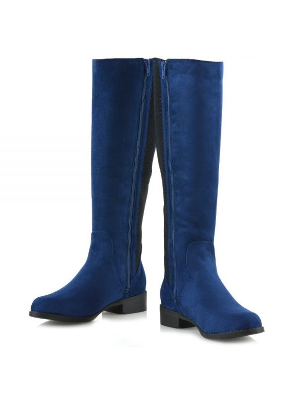 Navy Closed Toe Low Heel Buckled Zip Closure Knee High Boots for Women