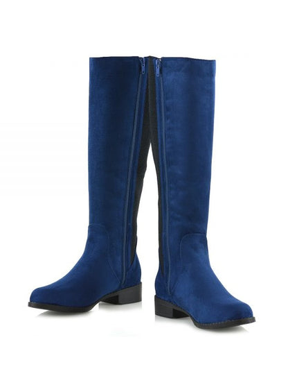 Navy Closed Toe Low Heel Buckled Zip Closure Knee High Boots for Women