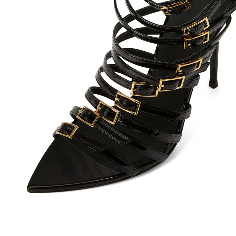 Black Pointed Toe Strappy Buckle Stiletto Heel Evening Sexy Sandals