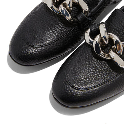 Black Closed Toe Chunky Heel Loafers with Chain